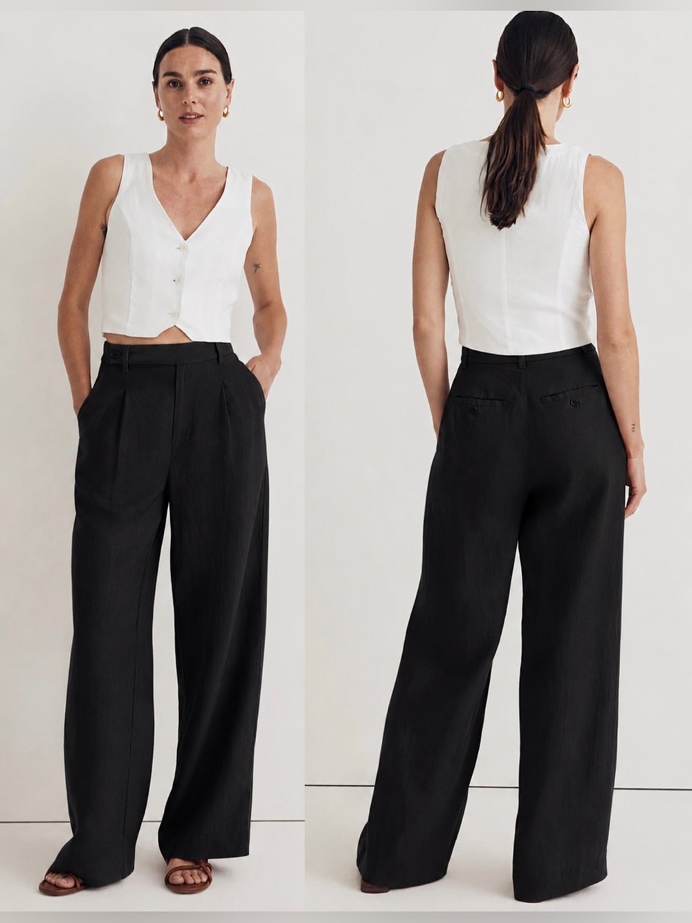 Madewell Harlow Wide Leg Pants Size 6 PETITE Black 100% Linen Minimalist Trendy